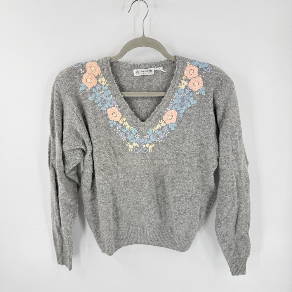 Vintage Liz Claiborne Sweater Gray Medium Lambswool Angora Floral Embroidered
